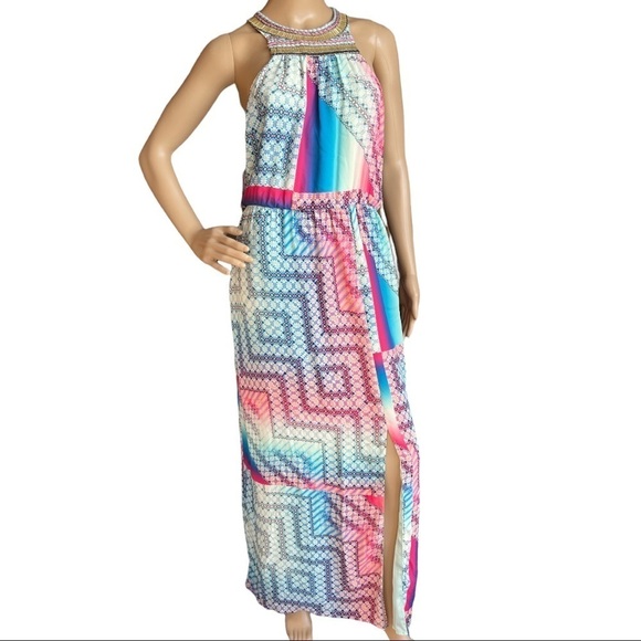 Charlie Jade Ava Embellished Georgette Maxi Sleeveless Slit Size M Dress‎ - Picture 3 of 12